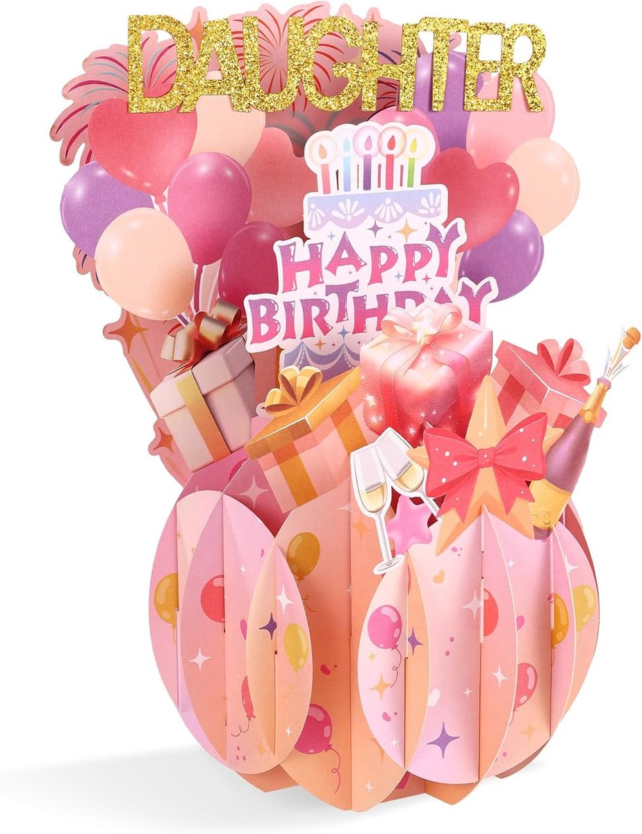3D Pop-Up Verjaardagskaart voor Dochter, Roze Bolvormige Pop-Up Verjaardagskaart met Ballon Geschenkdoos Vuurwerk Champagne Patronen voor Dochter Feestelijk Cadeau