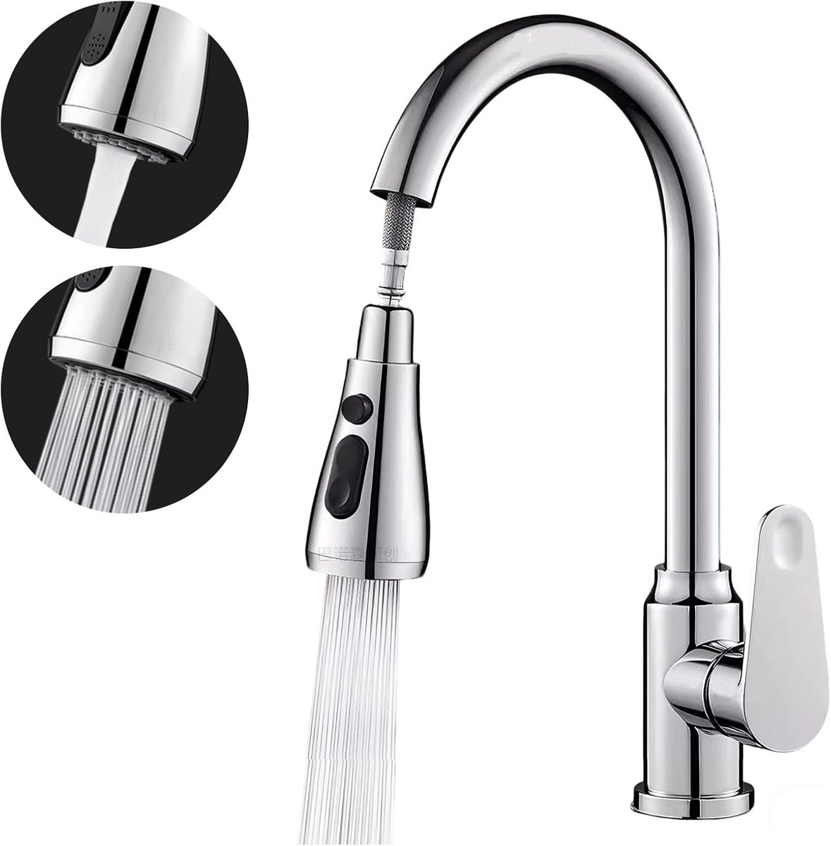 keuken met sproeier uittrekbaar, twee waterstraalsoorten, uittrekbare sproeier, keukenarmatuur, mengkraan, 360° draaibaar, chroom, hogedruk wastafelarmatuur, keukenkraan voor gootsteen