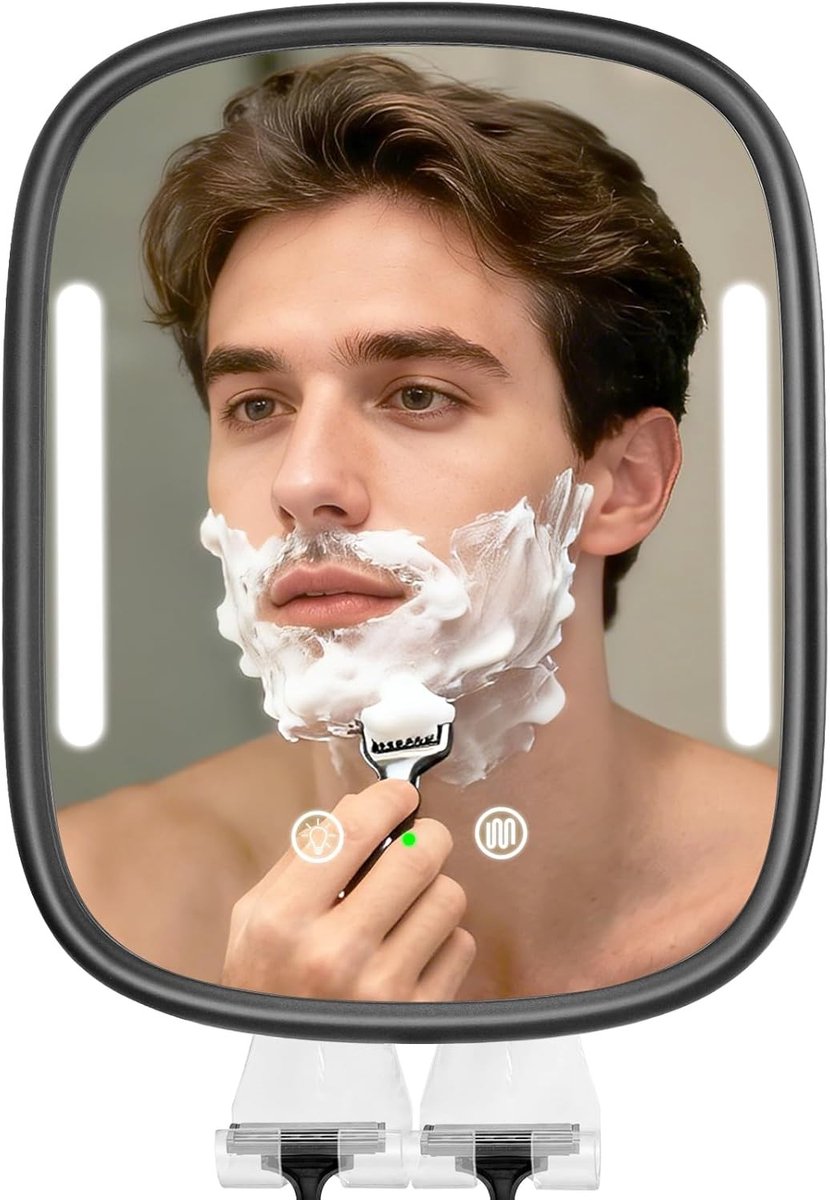 Douchespiegel anti condens - Zilver - 28 x 20 cm - Oplaadbare Mistloze Scheerspiegel met LED-verlichting en Scheermeshouders - Voor Mannen