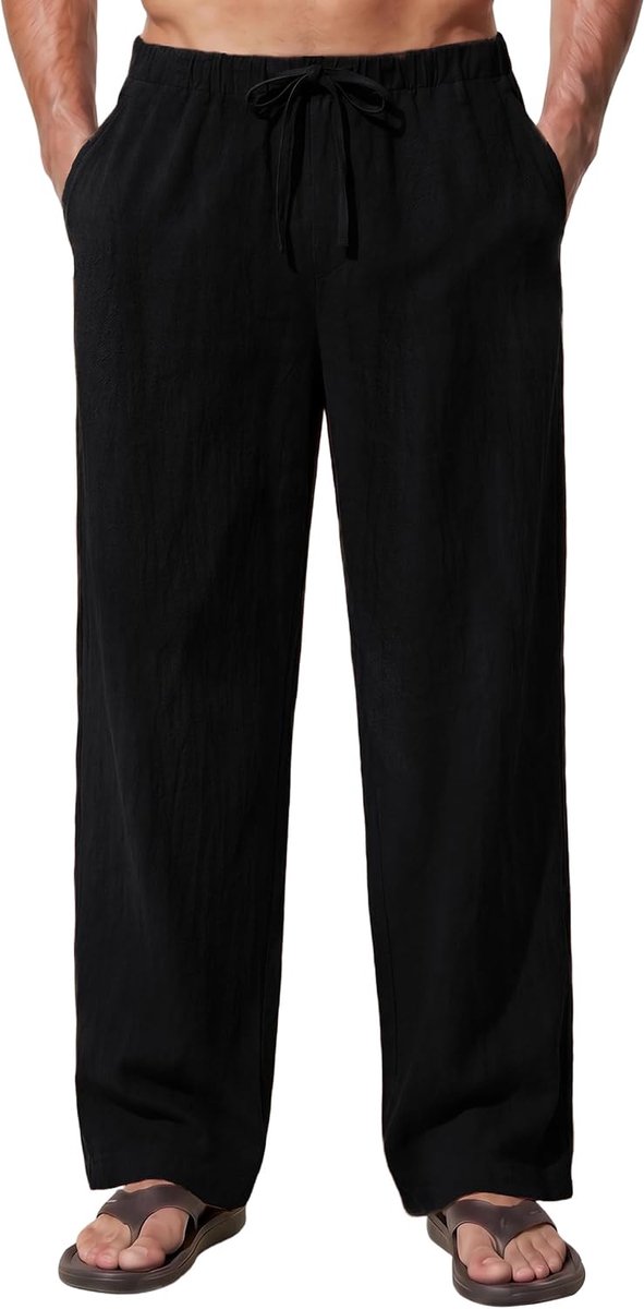 linnen broek voor heren, lange, lichte zomerbroek, casual vrijetijdsbroek met trekkoord, losse pasvorm, broek met zakken, strandvakantie, maten S-2XL