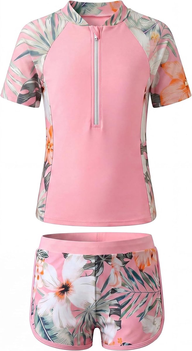 Zwempak Tweedelig Rashguard met Korte Mouwen en Voorgevormde Beha's Kinderzwempak met Zwemshort Sneldrogend Strand Surf en Zwemkleding met Bloemenprint voor Kinderen 5-14 Jaar