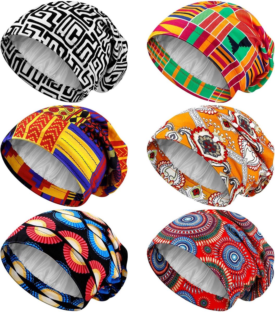 6 Stks Satijn Gevoerde Bonnet Slaap Cap voor Vrouwen Mannen Afrikaanse Zijde Zachte Beanie Haar Slaap Wrap voor Natuurlijke Krullend Vlechten, Zoals getoond op de foto', one size