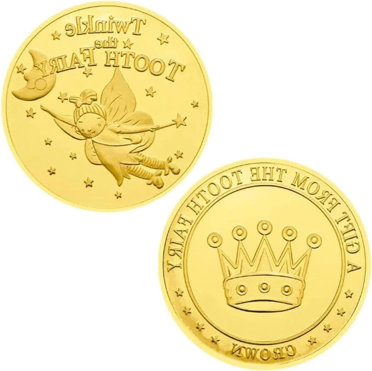 Gouden munten met acryl doos, 2 stuks tandenfeeën souvenirs met verschillende patronen, verrassingsbeloning voor verloren tanden, geschenken voor jongens, meisjes en kinderen