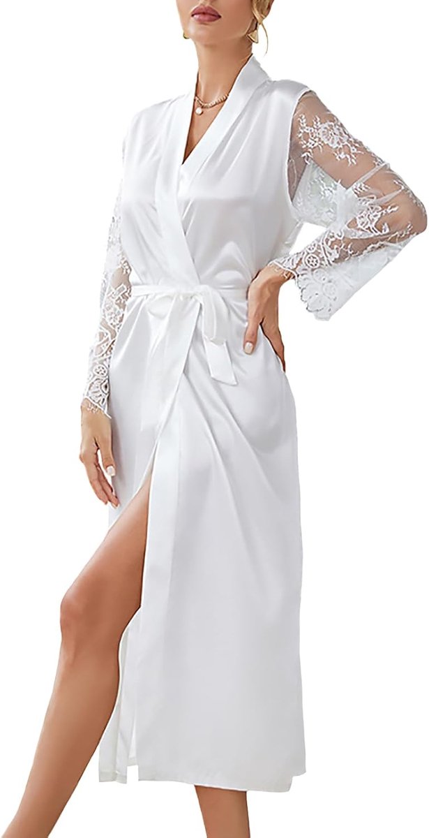 Lingerie voor dames, badjas van tule, licht, lang, met lange mouwen, kant, lange nachtkleding, chiffon, spa, badjas, pyjama met riem