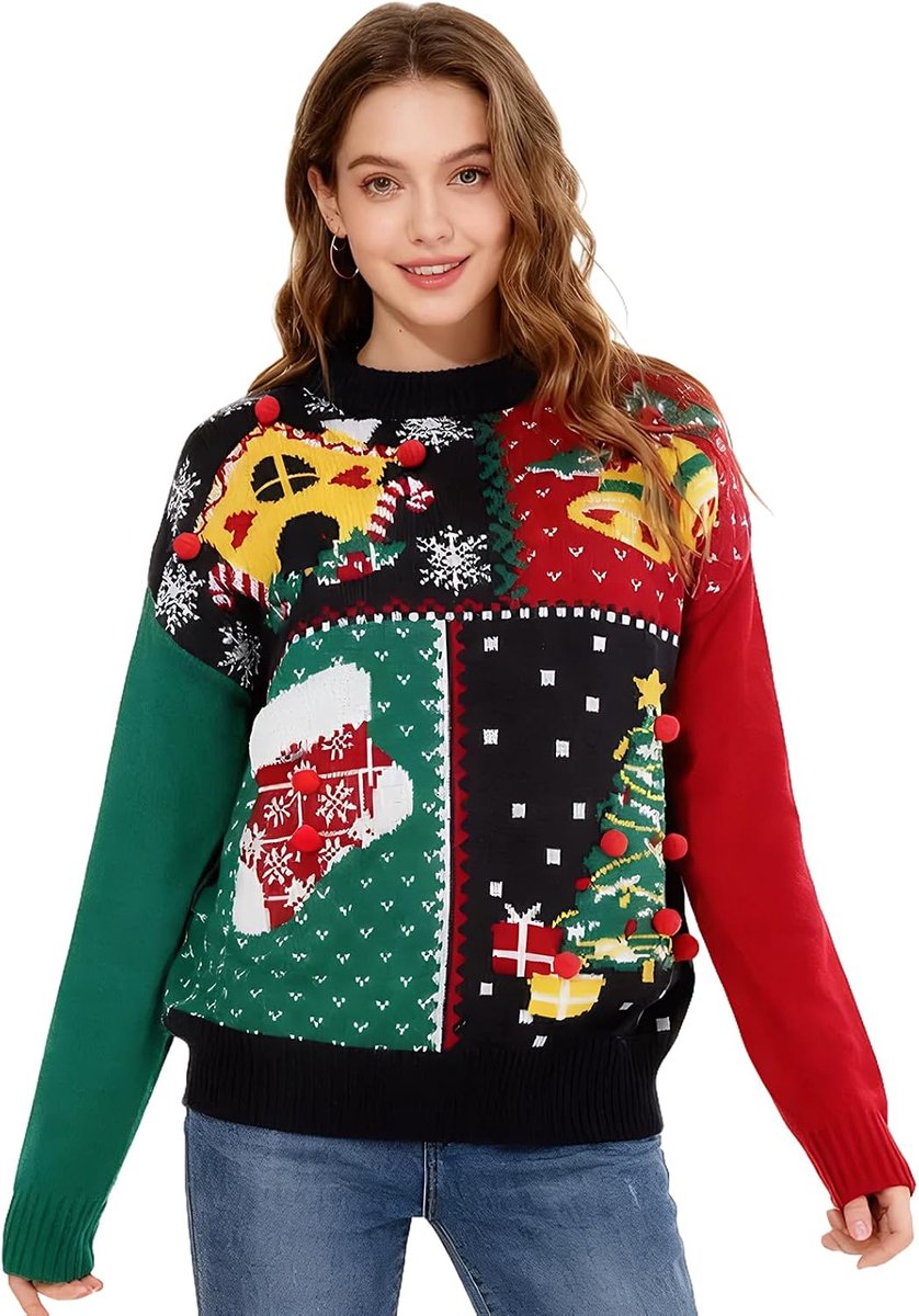 Kersttrui voor dames, kersttrui, ronde hals, lange mouwen, herfst, winter, met belletje, rendier, kerstboom, kersttrui voor dames
