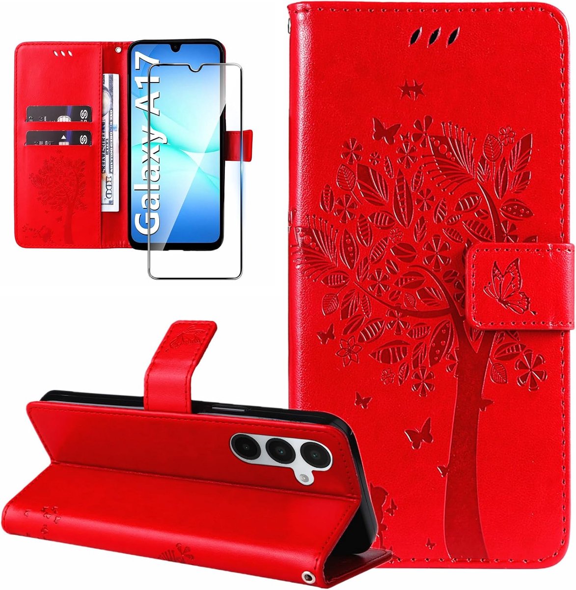 Beschermhoes voor Samsung Galaxy A17 4G/5G, portefeuille, leer, met gehard glas, motief, kaartsleuf, flip case, beschermhoes, rood