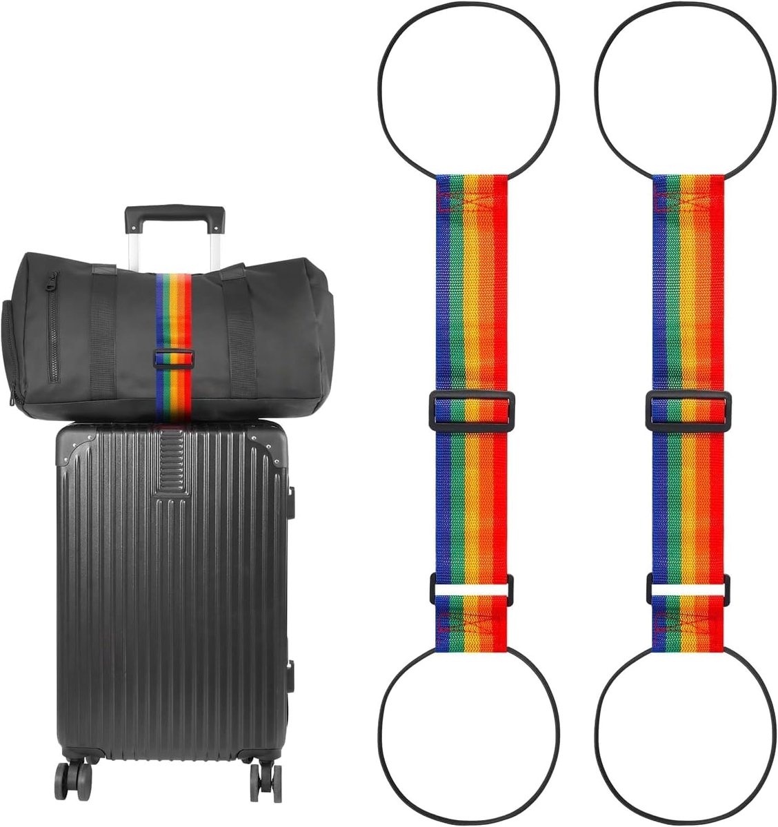 Bagageverbindingsriemen (2-pack), zwaar belastbare, verstelbare bungee-riemen voor koffers, elastische bevestigingsriemen om handbagage en reisbenodigdheden vast te zetten (regenboog)