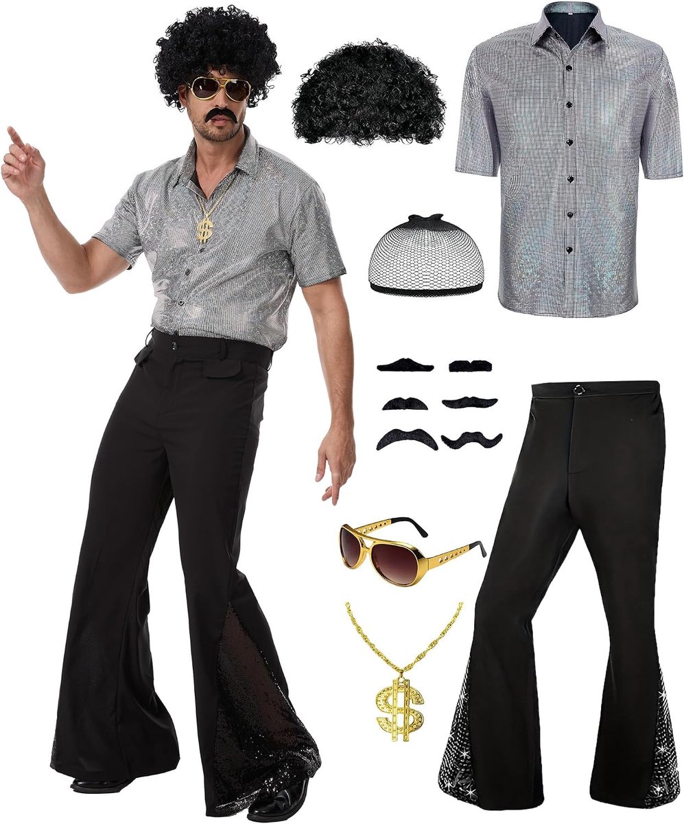 Disco-kostuumset voor heren, jaren 70, gouden paillettenshirt en zwarte uitlopende broek met dollarketting, zonnebril, afro-pruik en snor, retro jaren 70-outfit voor heren