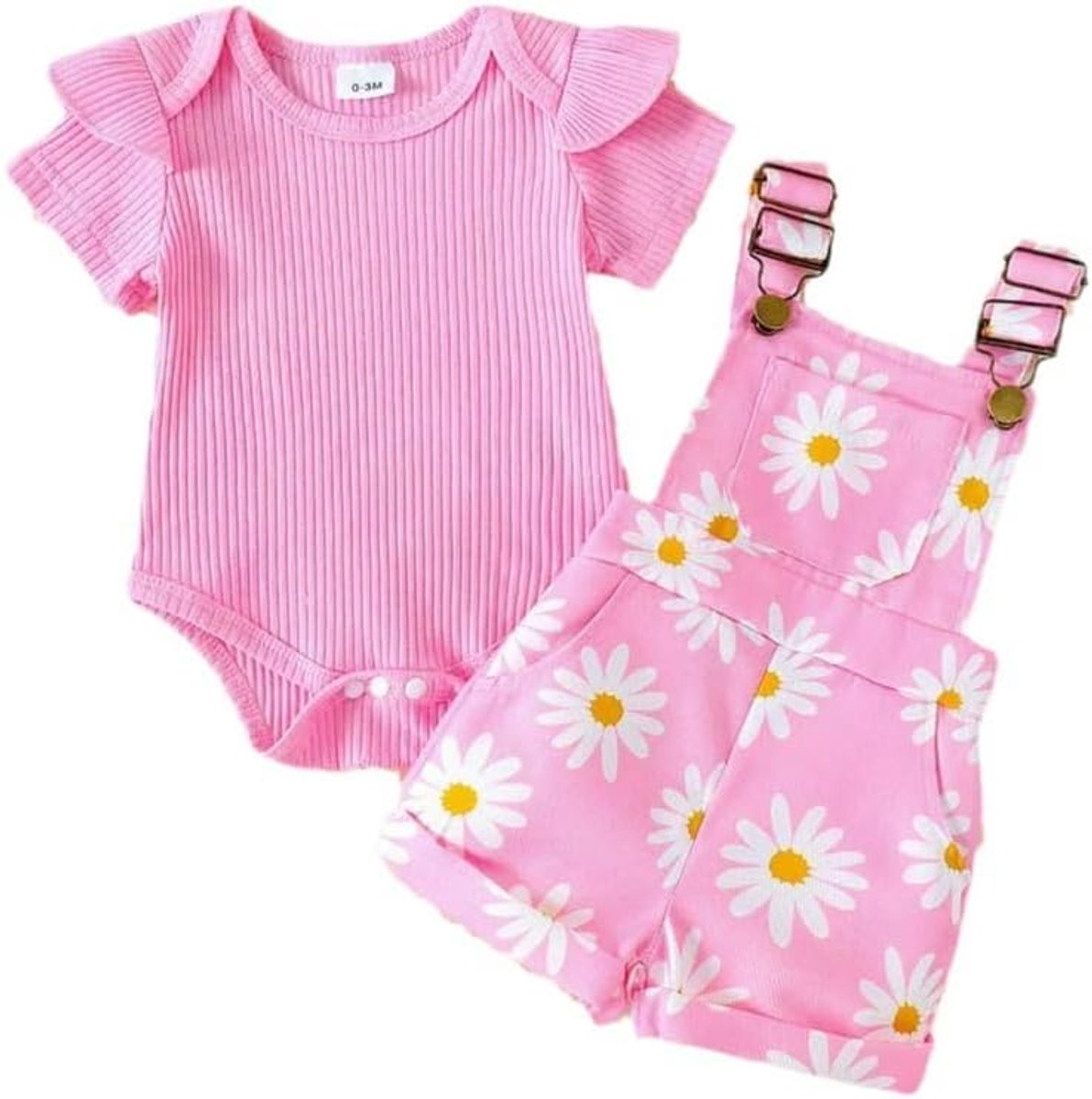 Kleding voor pasgeborenen meisjes, madeliefjesprint, ruches bovendeel met bretelbroek en zak, shorts, zomerkleding