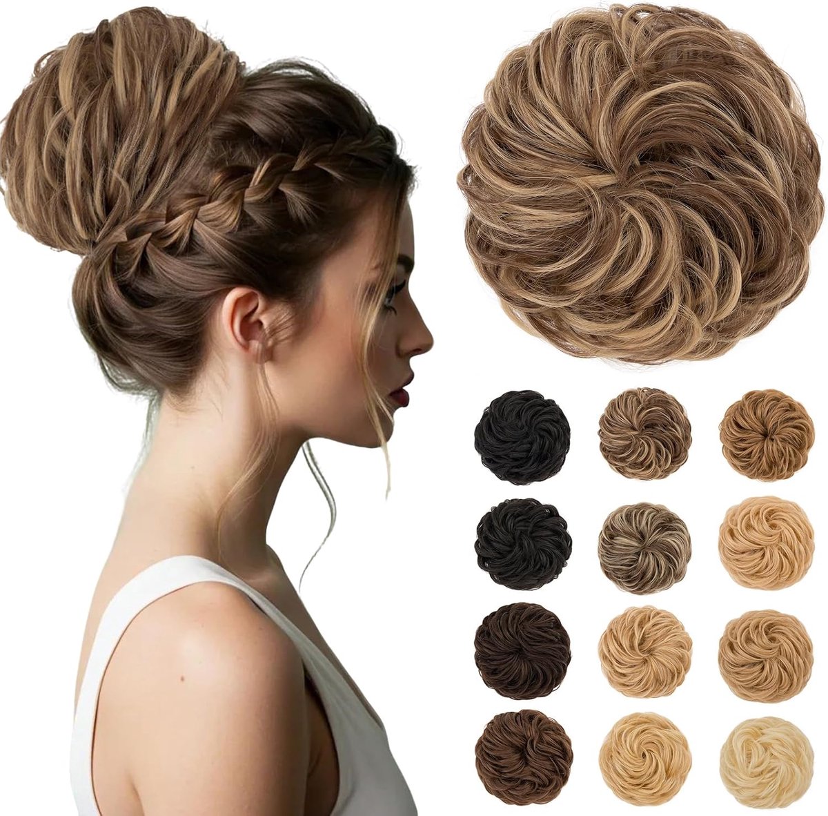 Haarstuk met elastiek, knot, haarstukje, haarelastiek, krullend, 45 g, grote knot, haarstukjes, echt haar, rommelige opgestoken kapsels, messy bun haarverlenging voor dames en meisjes, #4/27