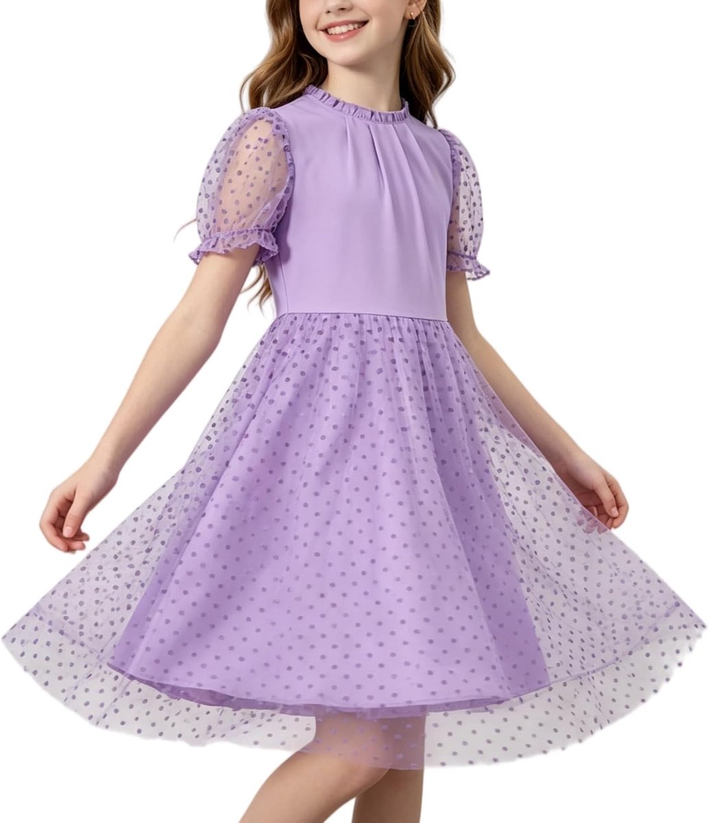 Meisjesjurk met korte pofmouwen, ruches, ronde hals, netstof en tule, elegante prinsessenjurken voor feestjes, eindexamenfeesten, bruiloften en verjaardagen