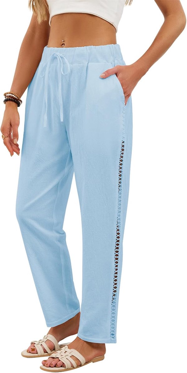 Lichte zomerbroek, luchtig, strandbroek, lange vrijetijdsbroek, slipbroek, stoffen broek, hoge taille, trekkoord, casual, elegant, katoenen broek