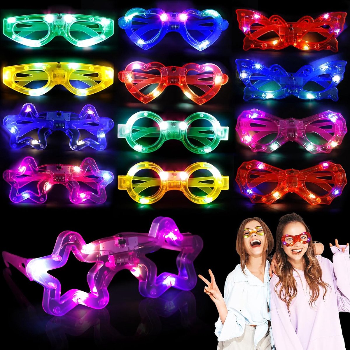 Bril, 12 Stuks Partybril, Knipperende LED-Bril, Neonlichtbril, led-zonnebril,voor Verjaardagsfeestjes, Carnaval, Kermis, Halloween, Concerten, Cosplay