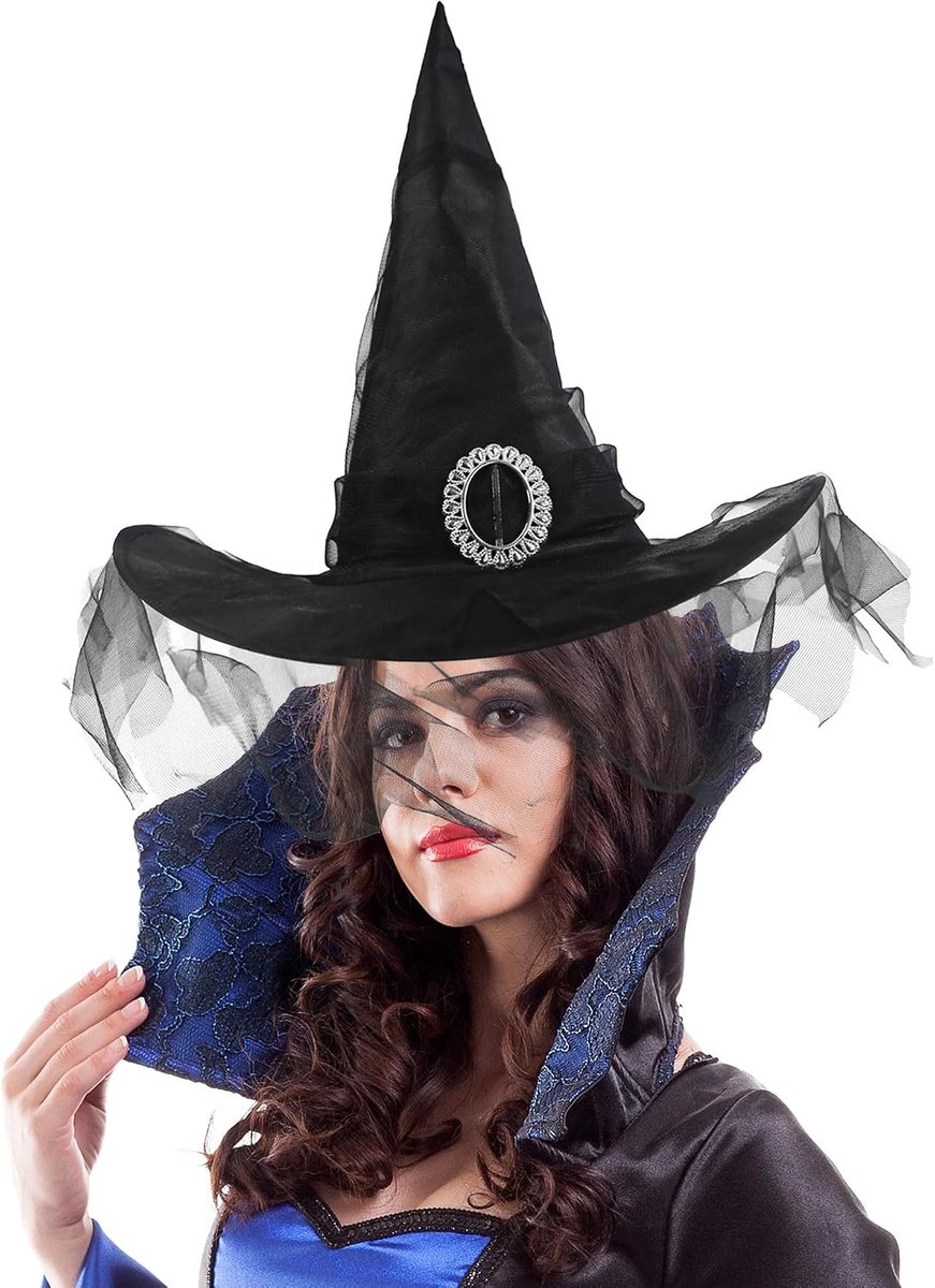 Heks/tovenaar hoed met sluier. Klassieke Halloween-hoed voor Halloween-feestkostuum. (zwart)