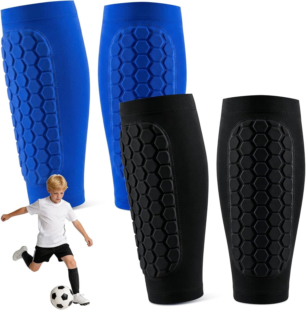 Scheenbeschermers, 2 paar, zwart-blauw, schokbestendig, ademend en antislip, sportuitrusting voor kinderen, meisjes en volwassenen