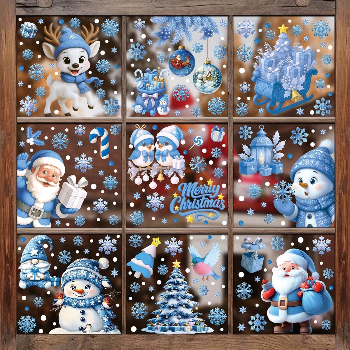 247 stuks raamafbeeldingen Kerstmis, zelfklevend, raamdecoratie, Kerstmis, herbruikbaar, pvc-sneeuwvlokken, raamdecoratie, raamstickers, Kerstmis met huizen, voor winter, raam, kerstdecoratie, blauw