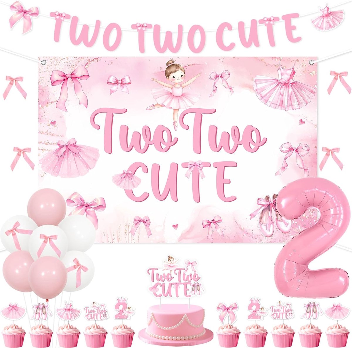 Twee twee schattige verjaardagsdecoraties, ballet en strikken feestdecoraties tutu schattige 2e achtergrond banner taart cupcake toppers nummer 2 folieballonnen voor ballerina 2 jaar oud