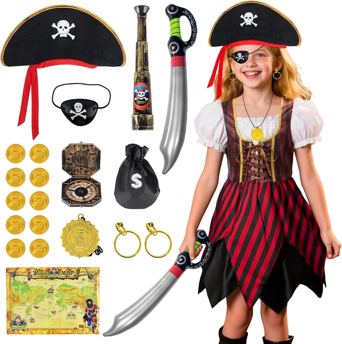 Piratenkostuum voor kinderen, piratenkostuum voor meisjes met piratenhoed, accessoires, piraat, piratenkostuum, cosplay, carnaval, piratenkostuum voor meisjes, voor cosplay, party, Halloween