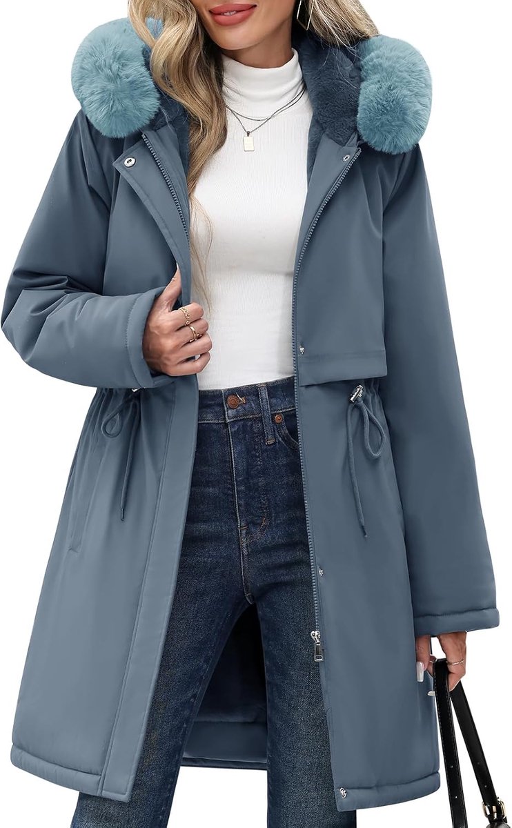 Damesjas voor de winter, lange jas, dik, warm, fleecejack met capuchon, elegante donsjas, winddicht, voor dagelijks gebruik en buiten
