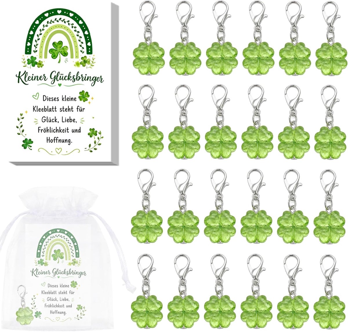 Set van 24 geluksbrengers, sleutelhangers, klaverblad met kaart en organzazakje, geluksbrengerexamen-examens, geluksgeschenken voor oudejaarsavond, afstuderen en afscheid