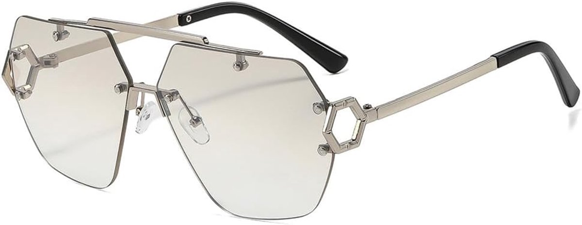 Randloze zonnebril, gepersonaliseerde UV400-bescherming, blokkerende zonnebrillen, polygoonglazen, matell brilmontuur, klassieke vintage montuurbril voor dames en heren, zilver
