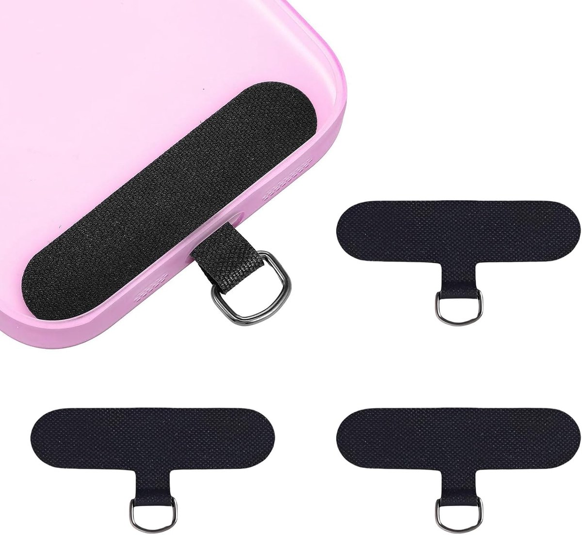 Set van 3 universele telefoonpads, ultradunne T-vormige telefoonkoord-pads voor alle smartphones, reserveplaatjes voor telefoonketting en telefoonlus om om te hangen, zwart