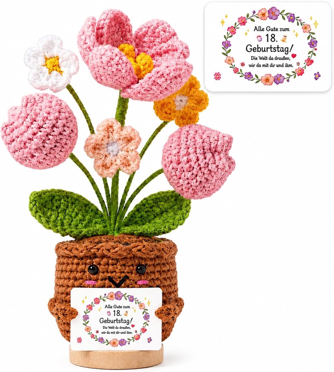 18e verjaardag meisjes, geluksbrenger pocket knuffel bloemen 18e, positief cadeau pocket knuffel gebreide bloemenpop
