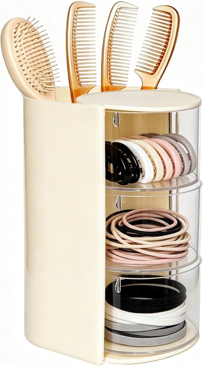 3 niveaus, haaraccessoires, make-up-organizer, draaibare haarelastiek-opslag, borstelhouder, cosmetica-organizer, haarborstel-opbergstandaard voor haaraccessoires (lichtgeel)