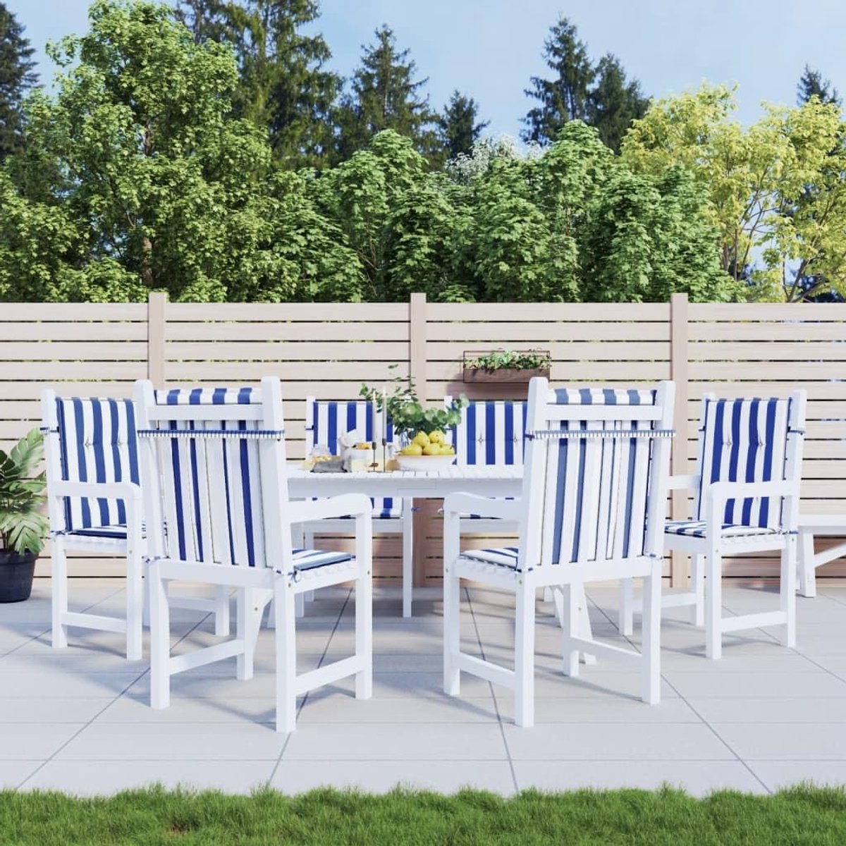 6 stuks kussens met lage rugleuning, blauw/wit, gestreept, tuinkussen, kussens voor buiten, zitkussen met koorden