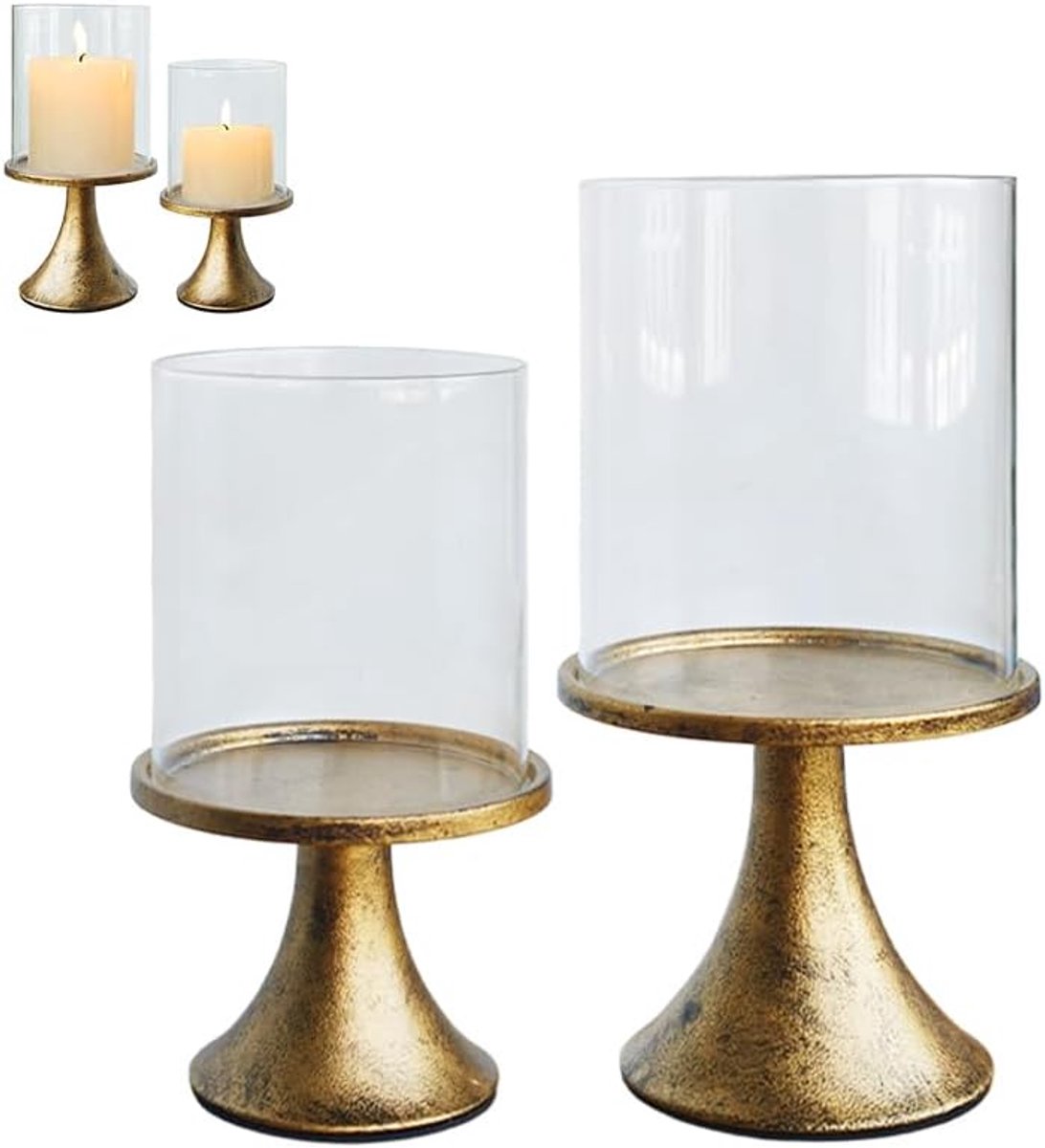 Set van 2 windlichten outdoor met kaarsvorm, kandelaar, metaal, brons
