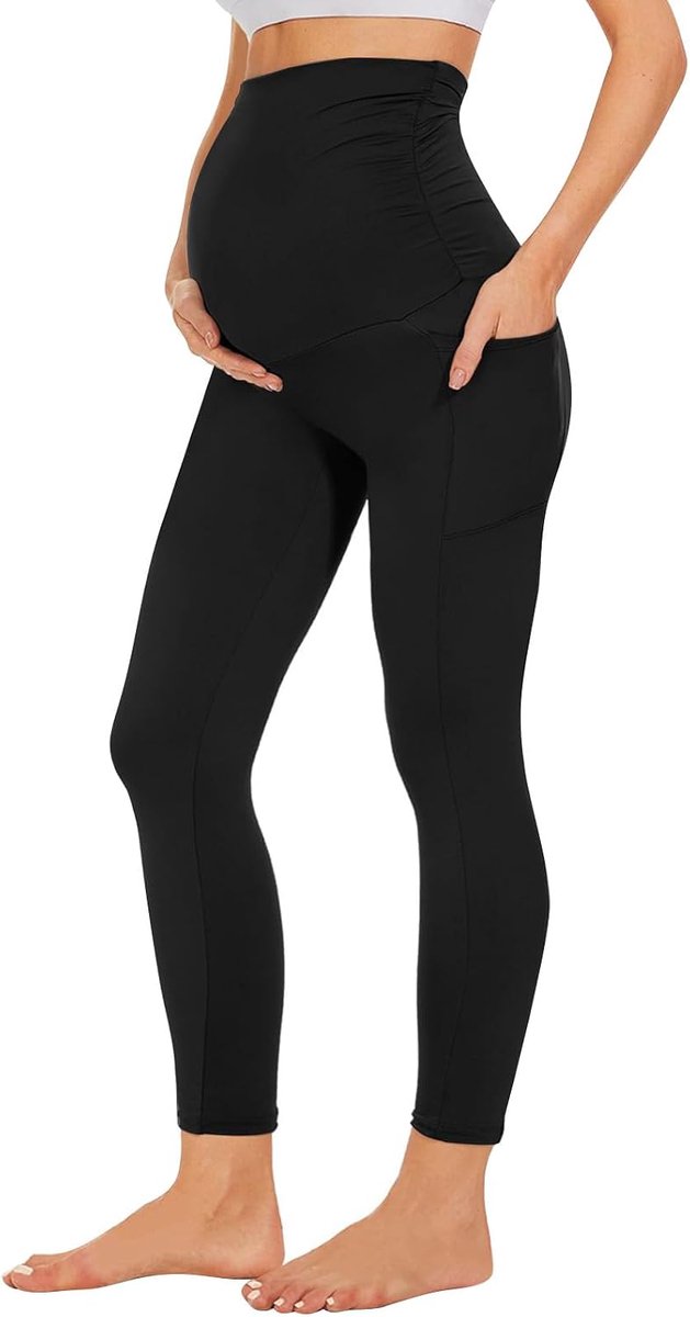 Thermische legging met zakken over de buik,Womens zwarte workout yoga actieve zachte panty zwangerschap broek