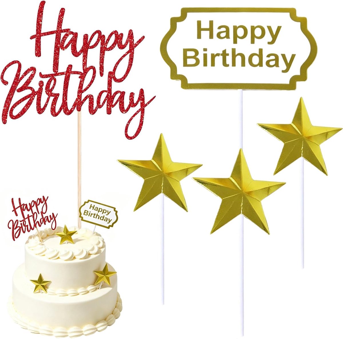 5 stuks Happy Birthday-taartdecoratie, glanzend, Happy Birthday