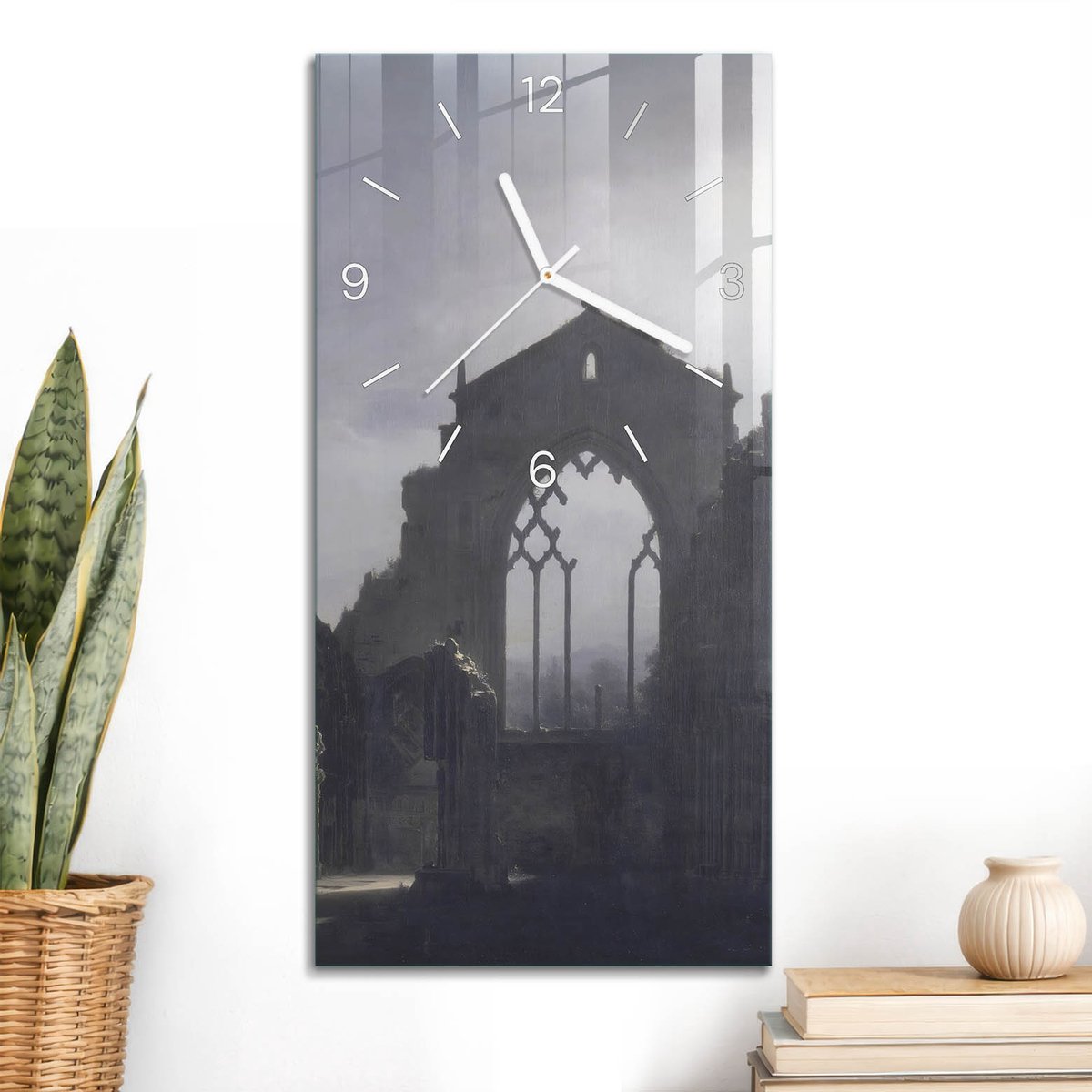 ArtPrintCave Grijs Glazen Klok - 30x60 cm - Rechthoekige Wandklok - Mysterieuze Ruïne Unieke Klok - Natuur Stille Wandklok - Witte Klokwijzers