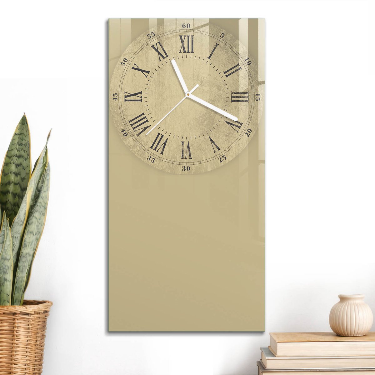 ArtPrintCave Beige Glazen Klok - 30x60 cm - Rechthoekige Wandklok - Vintage Klok Unieke Klok - Abstractie Stille Wandklok - Witte Klokwijzers