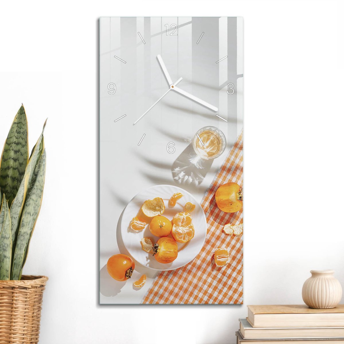 ArtPrintCave Oranje Glazen Klok - 30x60 cm - Rechthoekige Wandklok - Fruittafel Stille Wandklok - Natuur Wandklok Keuken - Witte Klokwijzers