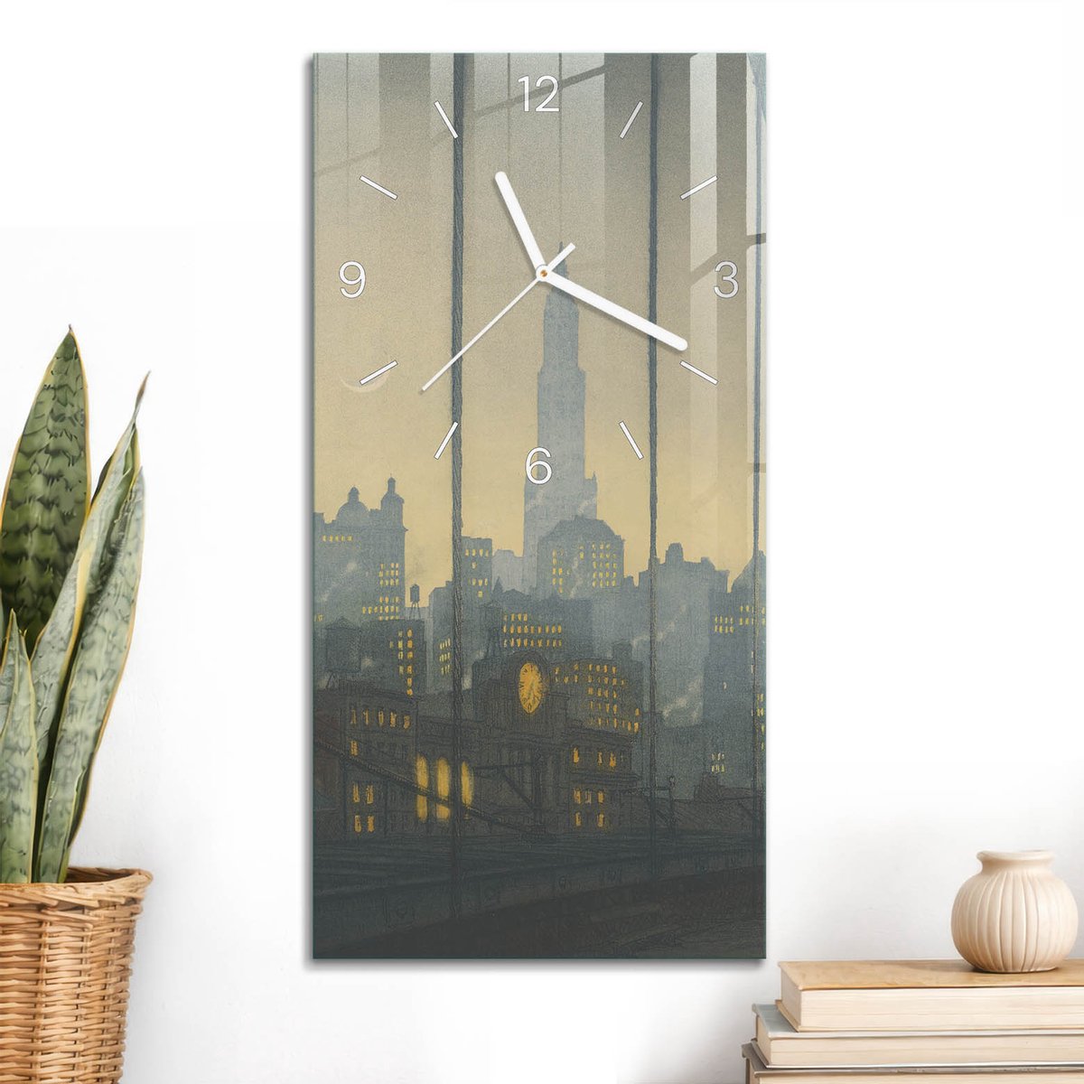 ArtPrintCave Geel Glazen Klok - 30x60 cm - Rechthoekige Wandklok - Nachtstad Wandklok Keuken - Architectuur Unieke Klok - Witte Klokwijzers