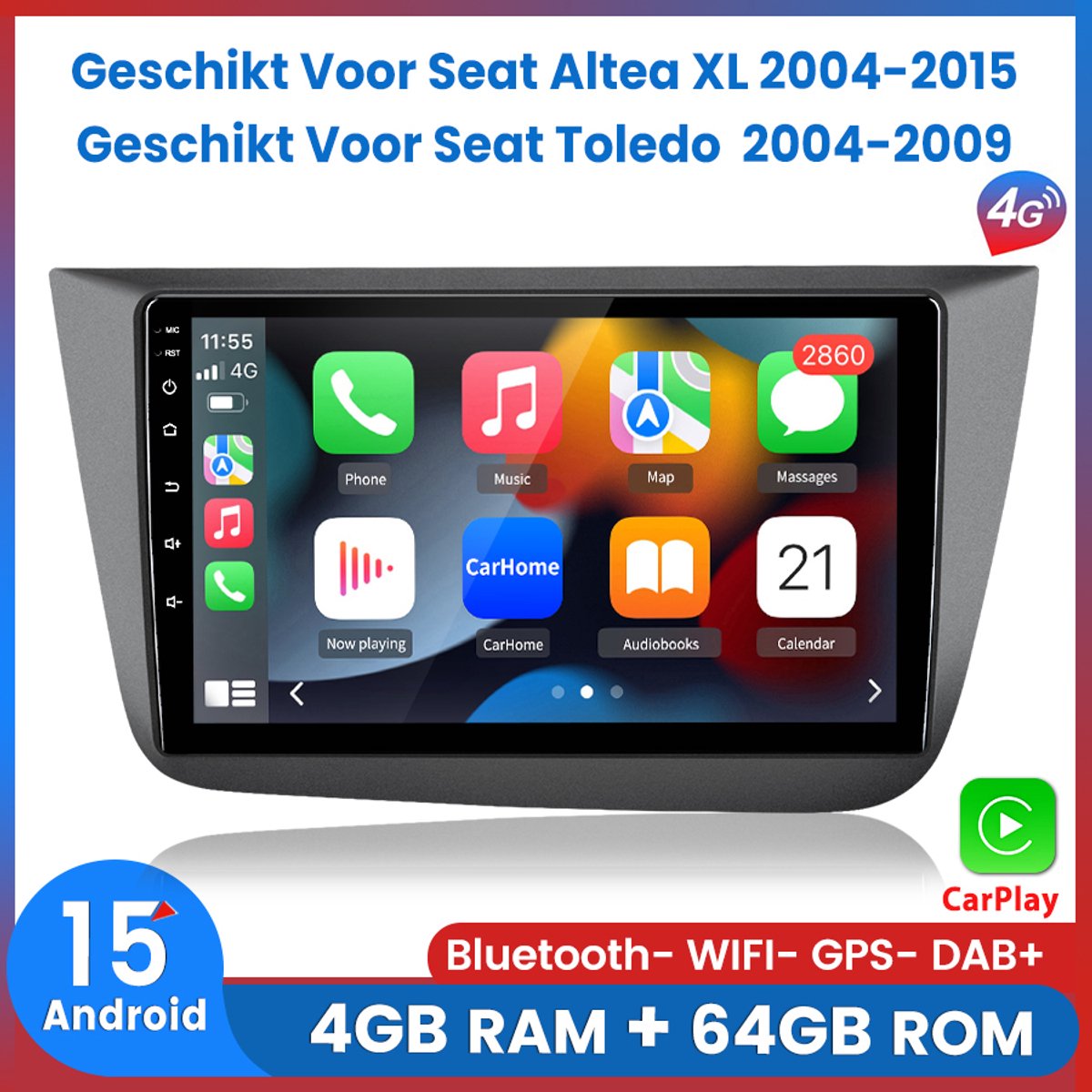 Awesafe 8-Core V1PRO 4+64GB Android 15.0 Autoradio - Geschikt Voor Seat Altea XL 2004-2015 / Geschikt Voor Seat Toledo 2004-2009 - Draadloze Carplay Android Auto - Touchscreen - GPS Navigatie WiFi - Bluetooth Radio - Ondersteuning invoegen 4G SIM