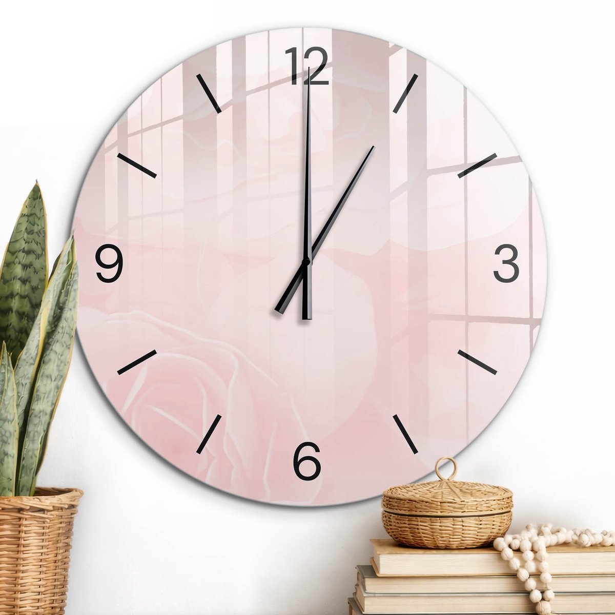 ArtPrintCave Roze Glazen Klok - Wandklok 60 cm - Muurklok Rond - Pastel Rozen Unieke Klok - Achtergronden En Patronen Stille Wandklok - Zwarte Klokwijzers