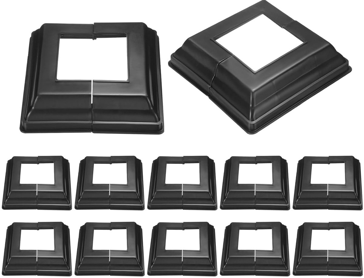 12 stuks kolomvoetafdekking, 127 x 121 x 34 mm, binnenmaat 64 x 64 mm, PVC, gedeelde kolombekleding voor leuningpalen, terras, omheining, trapleuning, balkonleuning, zwart