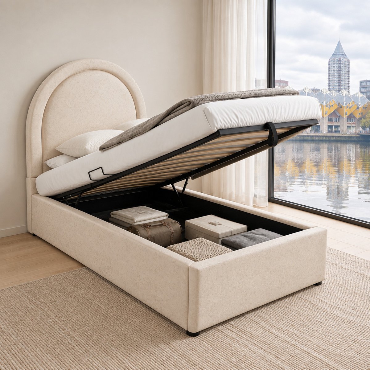 WUVRIE Kinderbed 90x190 cm met opbergruimte en lattenbodem, beige, PU-bekleding, zonder matras