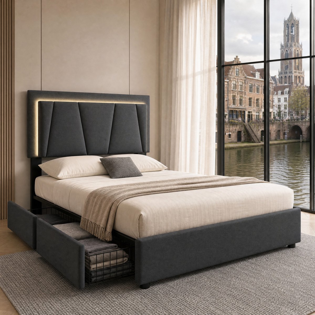 WUVRIE Gestoffeerd eenpersoonsbed 90x200 cm met verstelbaar hoofdbord, LED-verlichting en 2 lades, grijs