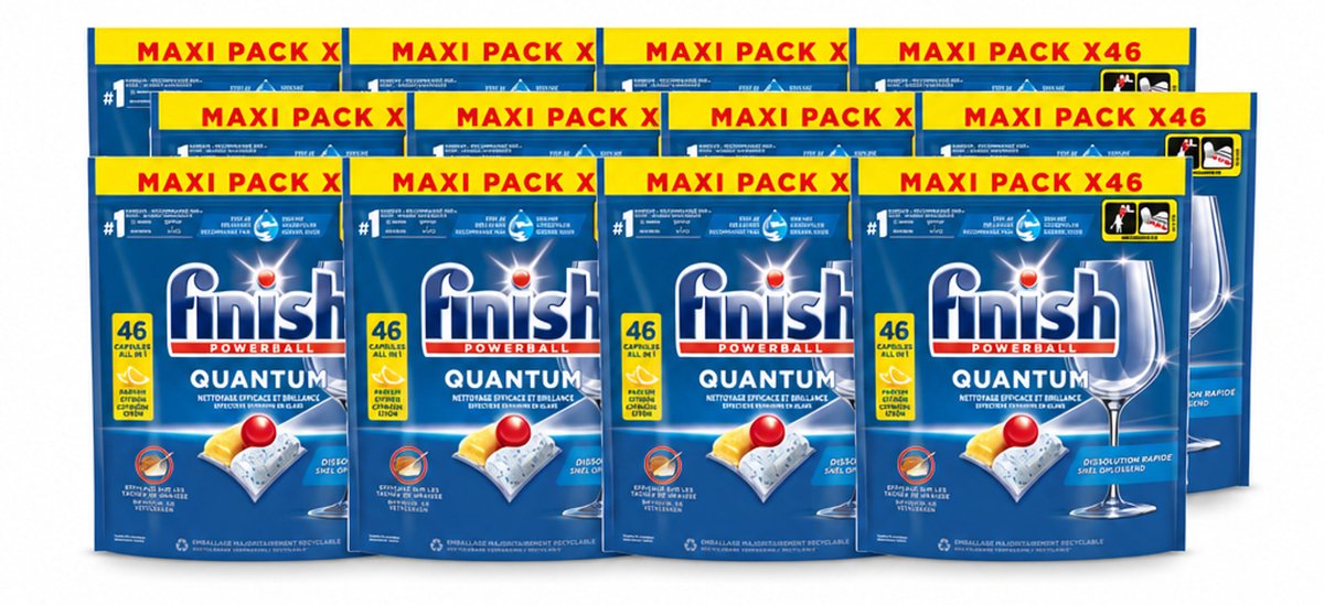 12 x Finish - Vaatwasmiddel - Quantum Vaatwastabletten Citroen - Diepe Reiniging & Frisheid - 46 capsules - Voordeelverpakking - 12 stuks