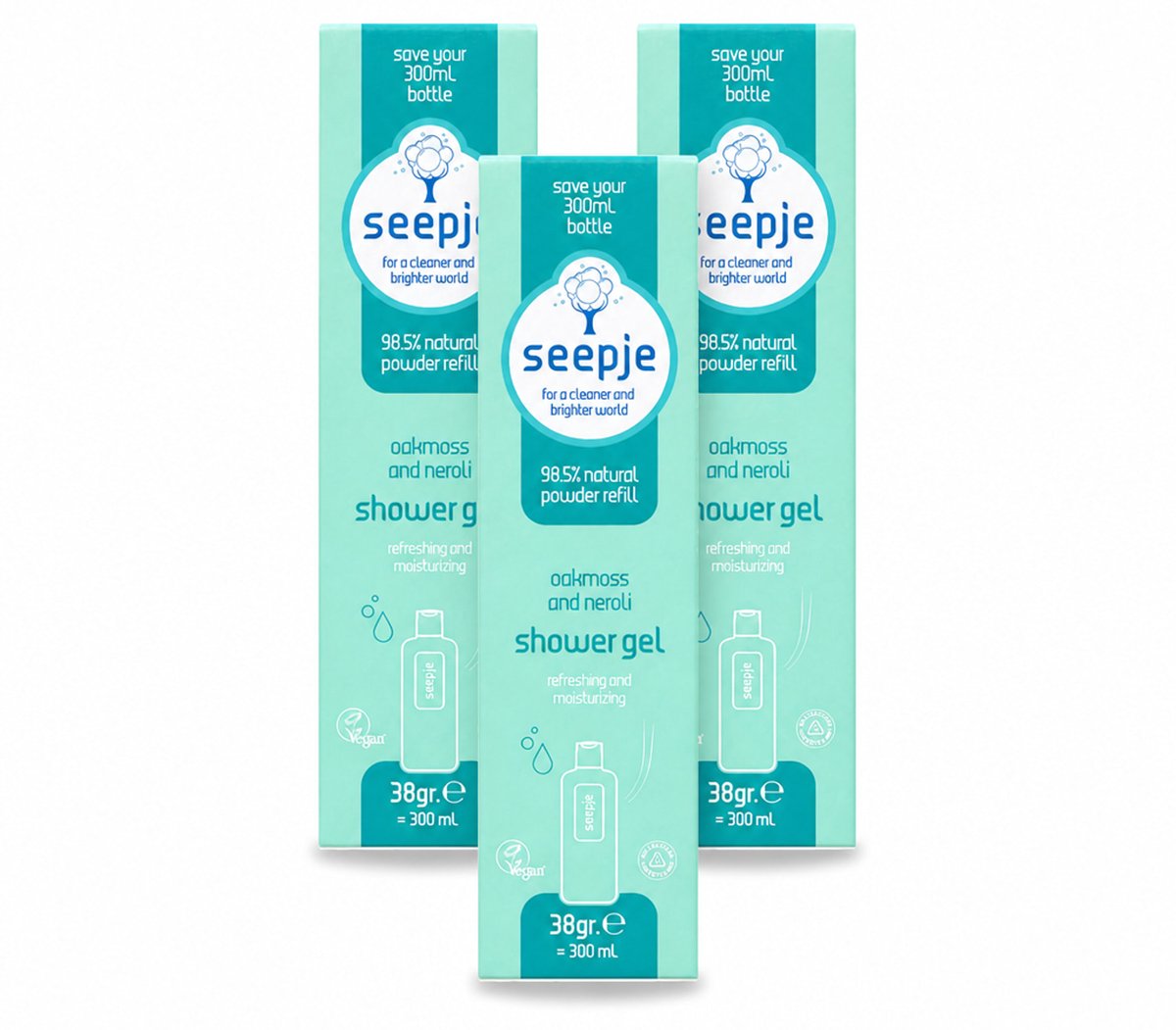 3 x Seepje - Douchegel - Duurzaam & Handig - Eikenmos en Neroli - Navulling - 38 gr - Voordeelverpakking - 3 stuks