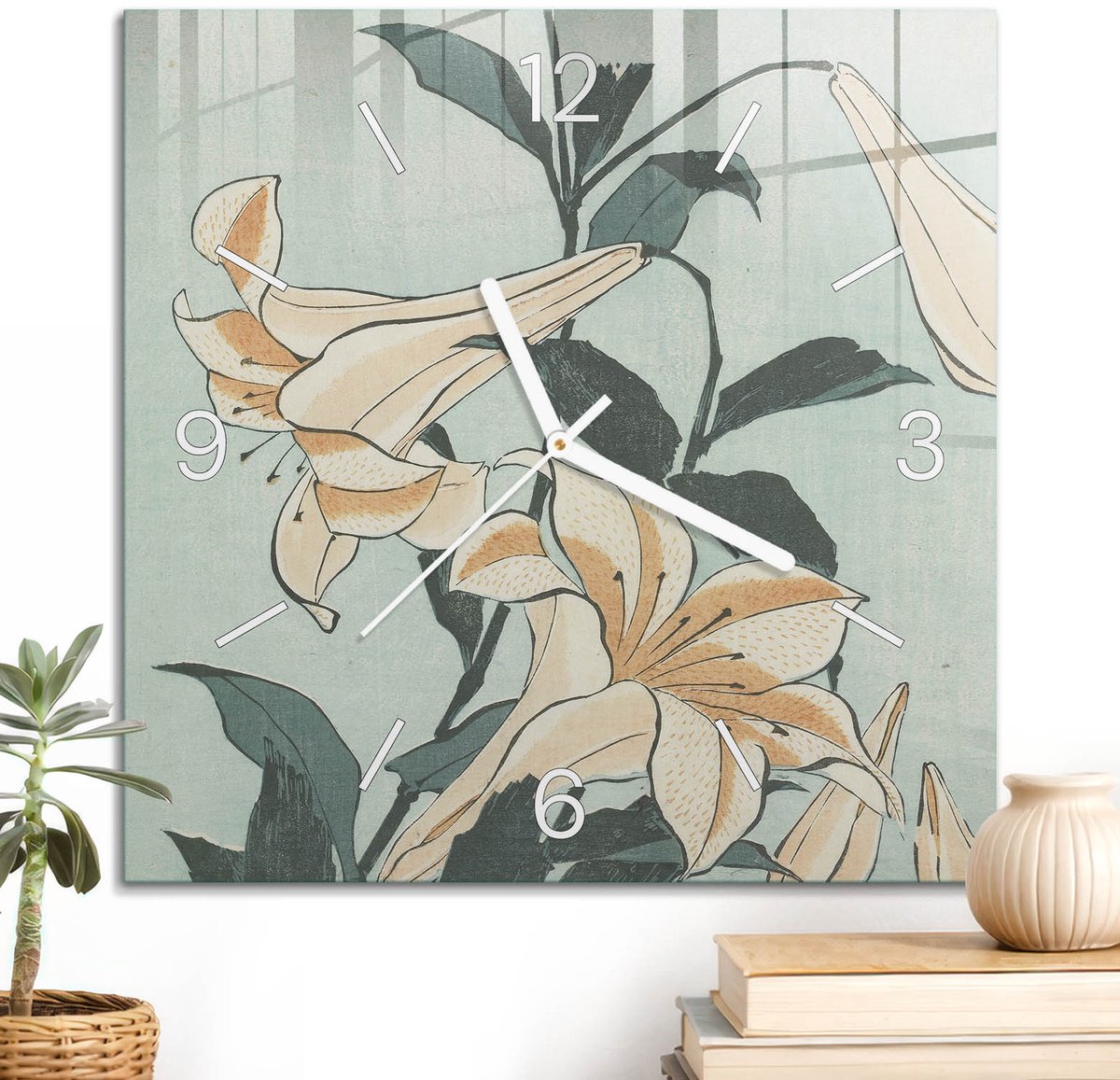 ArtPrintCave Turkoois Glazen Klok - 30x30 cm - Wandklok Vierkant - Leliebloemen Wandklok Keuken - Kunst Unieke Klok - Witte Klokwijzers