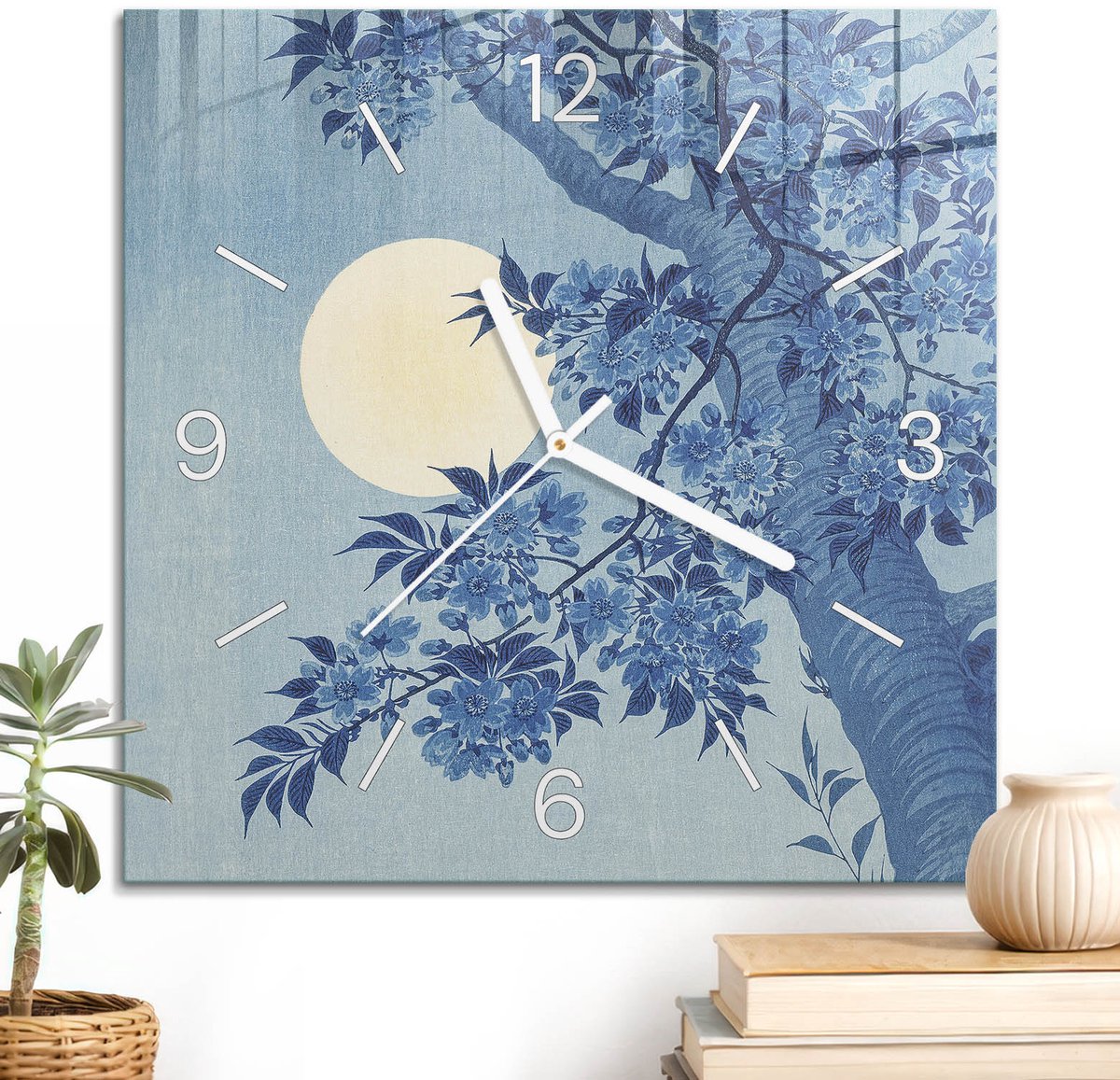 ArtPrintCave Blauw Glazen Klok - 30x30 cm - Wandklok Vierkant - Nachttuin Stille Wandklok - Natuur Wandklok Keuken - Witte Klokwijzers