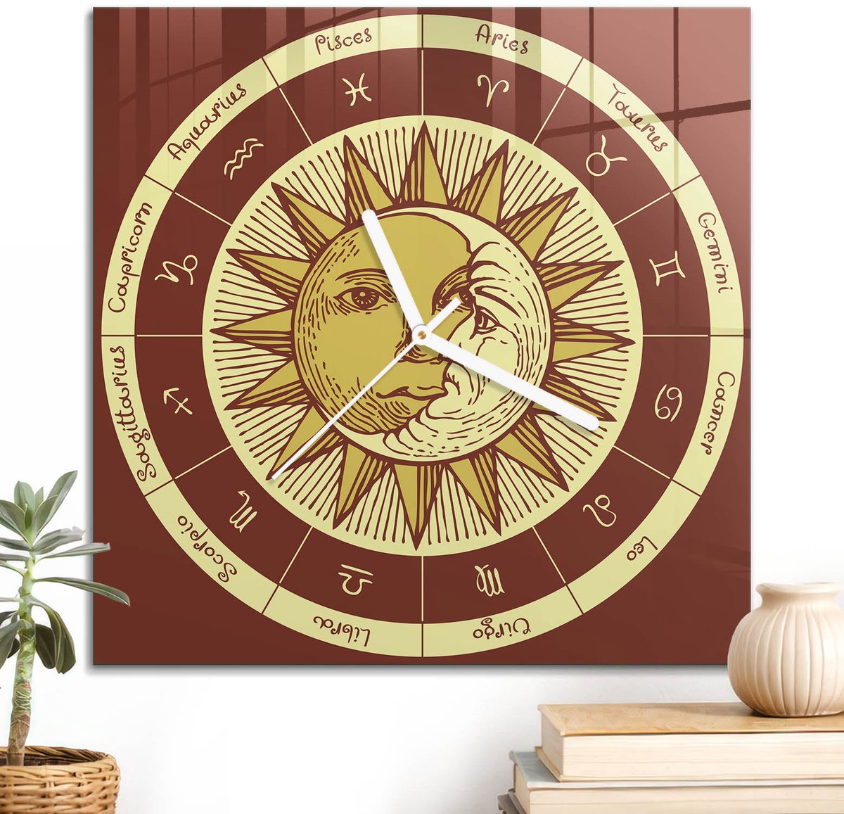 ArtPrintCave Rood Glazen Klok - 30x30 cm - Wandklok Vierkant - Dierenriem Astrologie Wandklok Keuken - Natuur Unieke Klok - Witte Klokwijzers