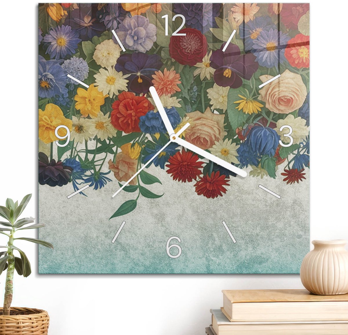 ArtPrintCave Geel Glazen Klok - 30x30 cm - Wandklok Vierkant - Kleurrijke Tuin Wandklok Keuken - Natuur Unieke Klok - Witte Klokwijzers