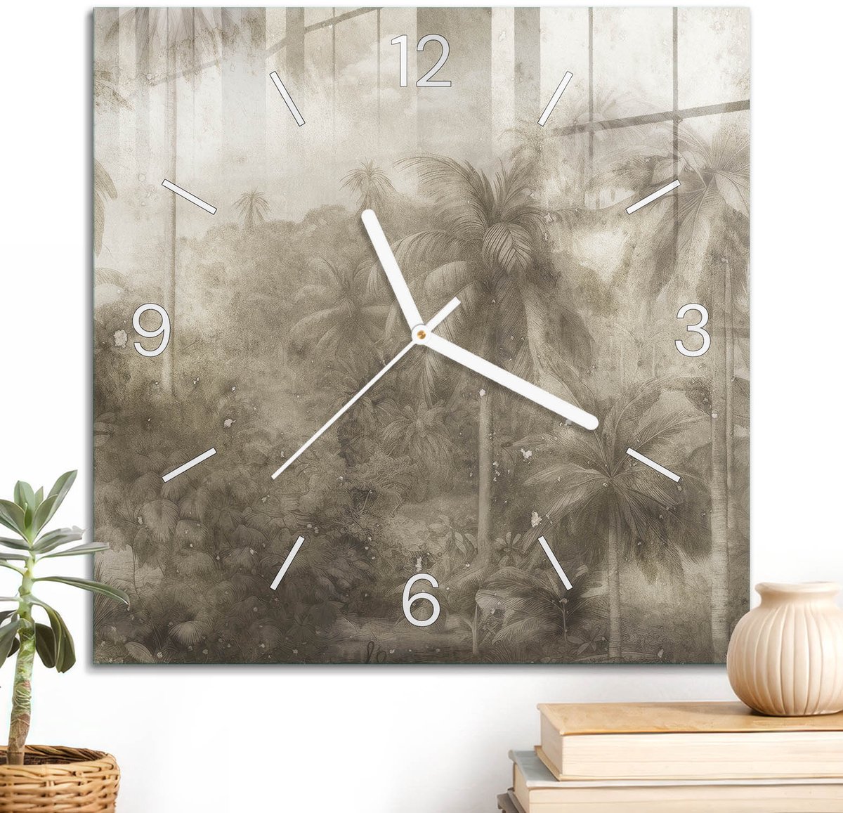 ArtPrintCave Beige Glazen Klok - 30x30 cm - Wandklok Vierkant - Tropisch Landschap Unieke Klok - Achtergronden En Patronen Stille Wandklok - Witte Klokwijzers