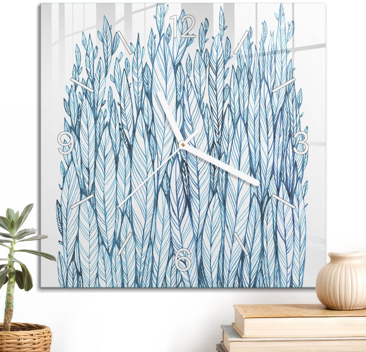 ArtPrintCave Turkoois Glazen Klok - 30x30 cm - Wandklok Vierkant - Veren Abstractie Stille Wandklok - Achtergronden En Patronen Wandklok Keuken - Witte Klokwijzers