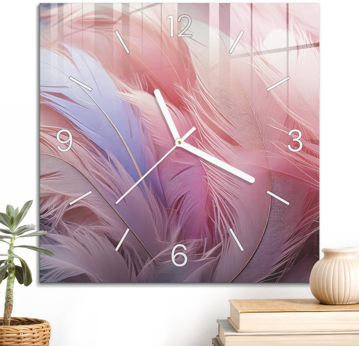 ArtPrintCave Roze Glazen Klok - 30x30 cm - Wandklok Vierkant - Pastelkleurige Veren Stille Wandklok - Abstractie Wandklok Keuken - Witte Klokwijzers